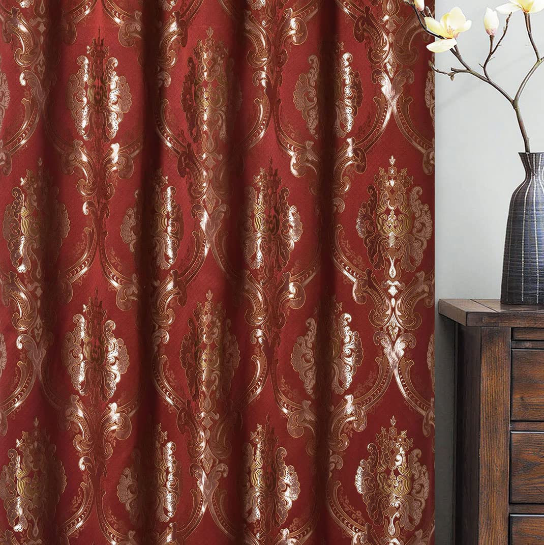 GOHD Luxe Love. Jacquard Window Curtain Panel Drape with Attached Fancy Valance. 2pcs Set. (Wine, 54" Wide x 84" Drop with 18" Valance x 2pcs)