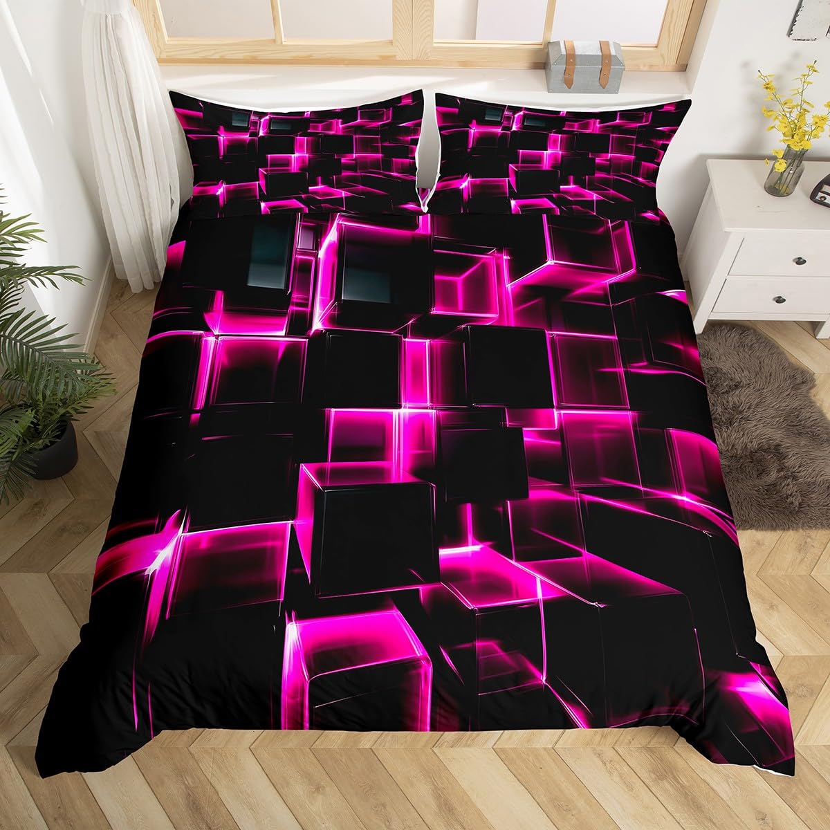 Erosebridal Honeycomb Square Duvet Cover for Kids Girls 3D Geometric Square Bedding Queen, Pink Black Neon Lights Bedding Sets, Gradient Print Bed Cover with 2 Pillow Cases