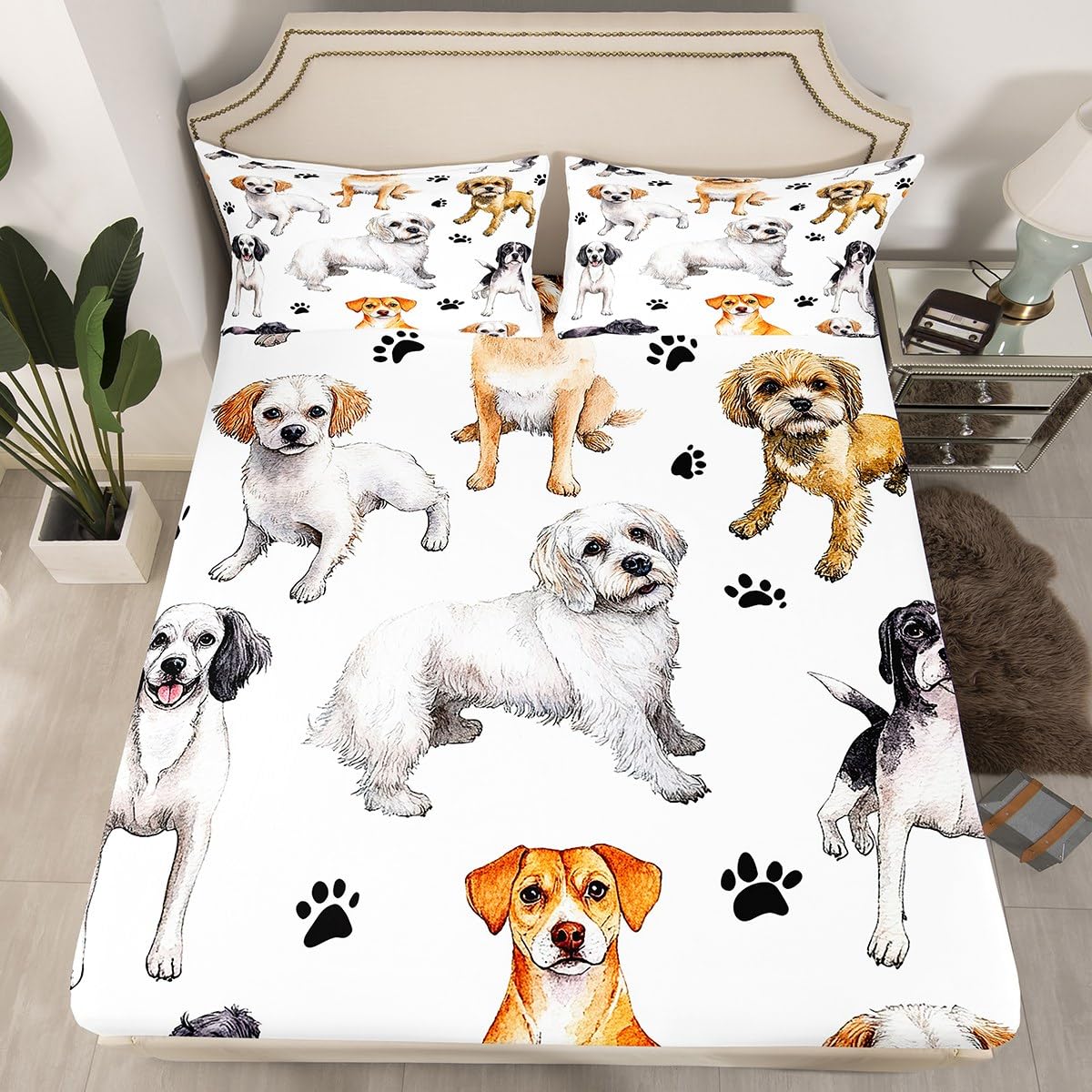 Feelyou Puppy Dog Bedding Set for Kids Boys Girls Lovely Dogs Print Fitted Sheet 3D Animal Pattern Bed Sheet Set Luxury Bed Cover,Room Decor 3Pcs Sheets Full Size