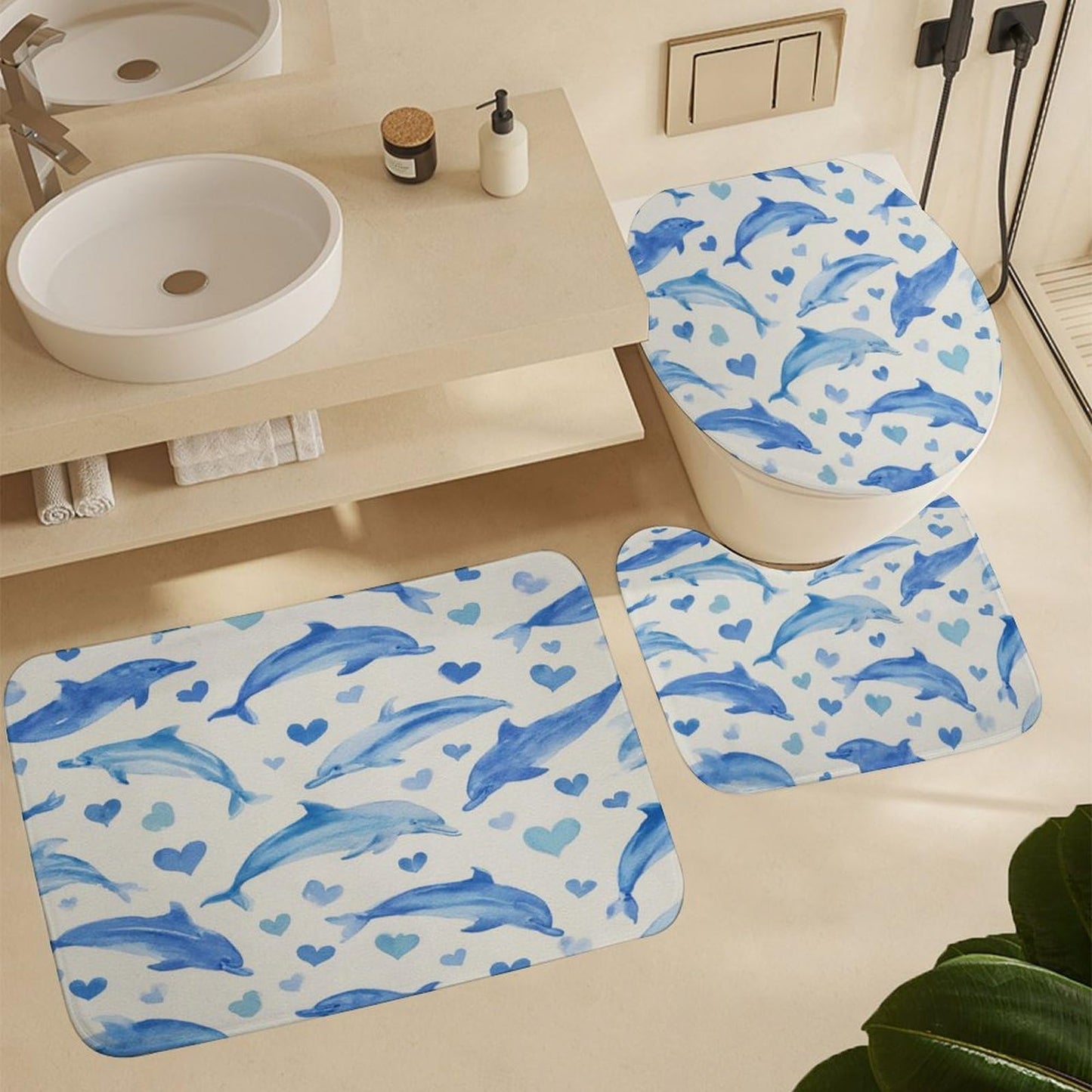 INSFBRB Funny Watercolor Dolphin Shower Curtain Sets with Rug,Toilet Lid Cover and Bath Mat,Modern Cute Ocean Wildlife Dolphin Love Heart Pattern 4 Piece Bathroom Set