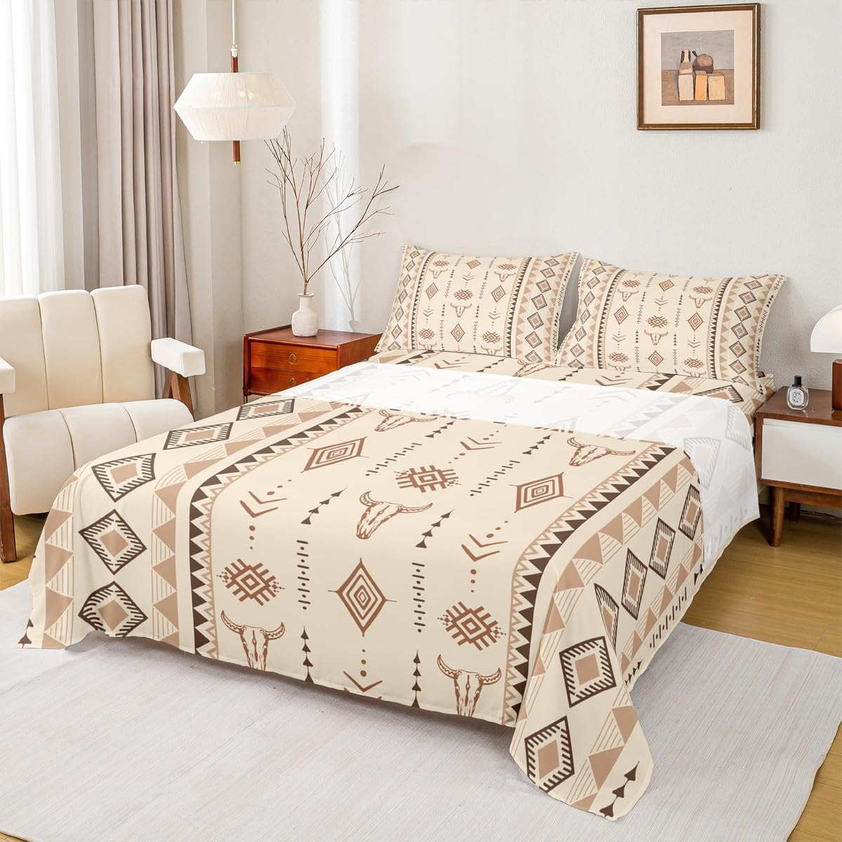 Erosebridal Bohemian Aztec Bed Sheets Set Full Size, Western Bull Skull Flat Fitted Sheet for Girls Boys Women Men Bedroom, Geometric Farmhouse Bedding Set, Southwestern Native Bed Sets