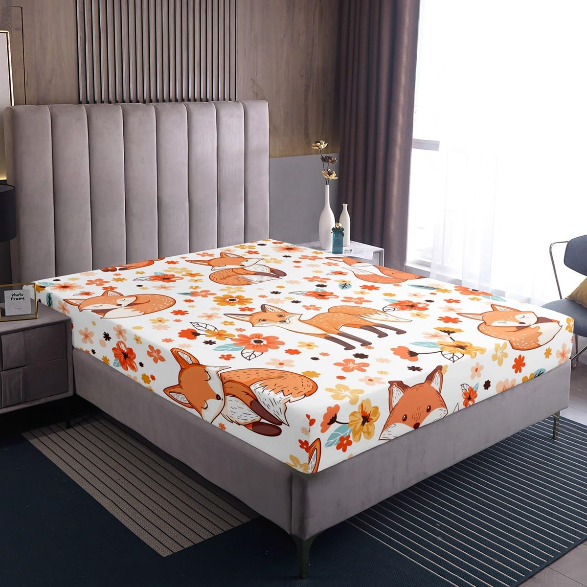 Manfei Cute Fox Kids Fitted Sheet Full Size,Cartoon Animals Toddler Bedding Set,Flowers Plants Rustic Farmhouse Bed Cover,Colorful Lovely Sheet,2 Pillowcases,Full (54*75*16'') (ZZRS700GYY-CL_USf)