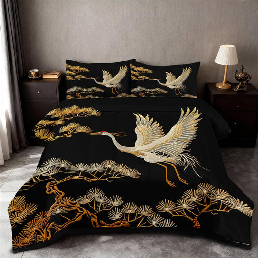 CCoutueChen Japanese Style Comforter Set Queen Size Black Gold Pine and Crane Bedding Set 3D Vintage Chinoiserie Printing Bedding White Golden Bird Tree Comforter Ultra Soft Lightweight Microfiber