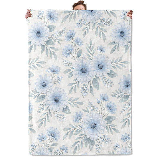 TRYYN Watercolor Daisy Throw Blanket, Blue Floral with Leaf, Soft Flannel Fleece, 50x60 Inch, Couch Sofa Blankets for Girls Women Flower Lovers, Cozy Elegant Cottage Home Decor Gifts