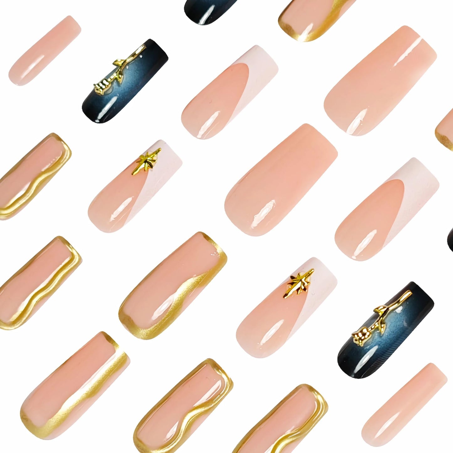 BABALAL Press on Nails Long Square Fake Nails Ombre Fall Glue on with Gold Rose Charm Luxury 3d Texture Handmade Design Y2k Manicure 24Pcs Acrylic False Nails for Women Girls