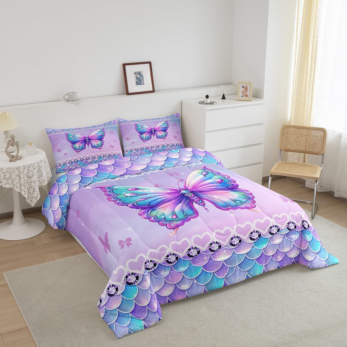 Erosebridal Butterfly Queen Size Bedding Set 3 Piece, Mermaid Scales Down Comforter for Kids Girls Women Room, Kawaii Love Heart Comforter Set, Dreamy Princess Maeine Life Quilt, Purple Blue