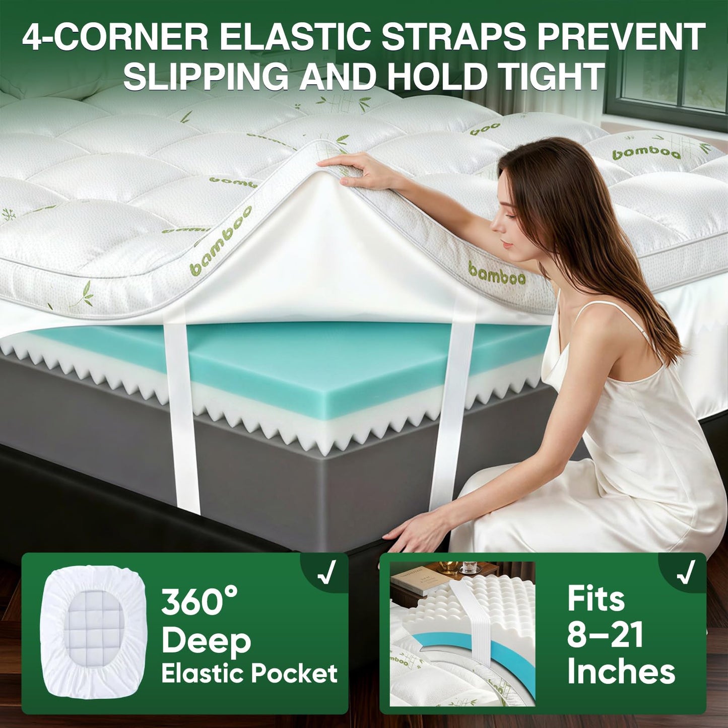 California King Mattress Topper, Dual Layer 4.5" Memory Foam Mattress Topper with 2" 1250GSM Cooling Mattress Pad (Breathable Viscose Made from Bamboo) & 2.5" Gel Memory Foam. Comfort Bed Topper