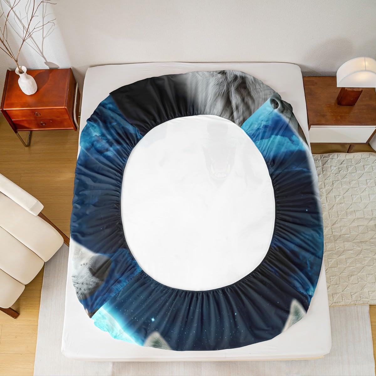 Manfei White Wolf 3D Print Fitted Sheet Full Size Night Moon Bedding Set 3pcs for Kids Teens Room Decor,Wild Animals Bed Cover Soft Breathable Bed Sheet Set with 2 Pillowcases