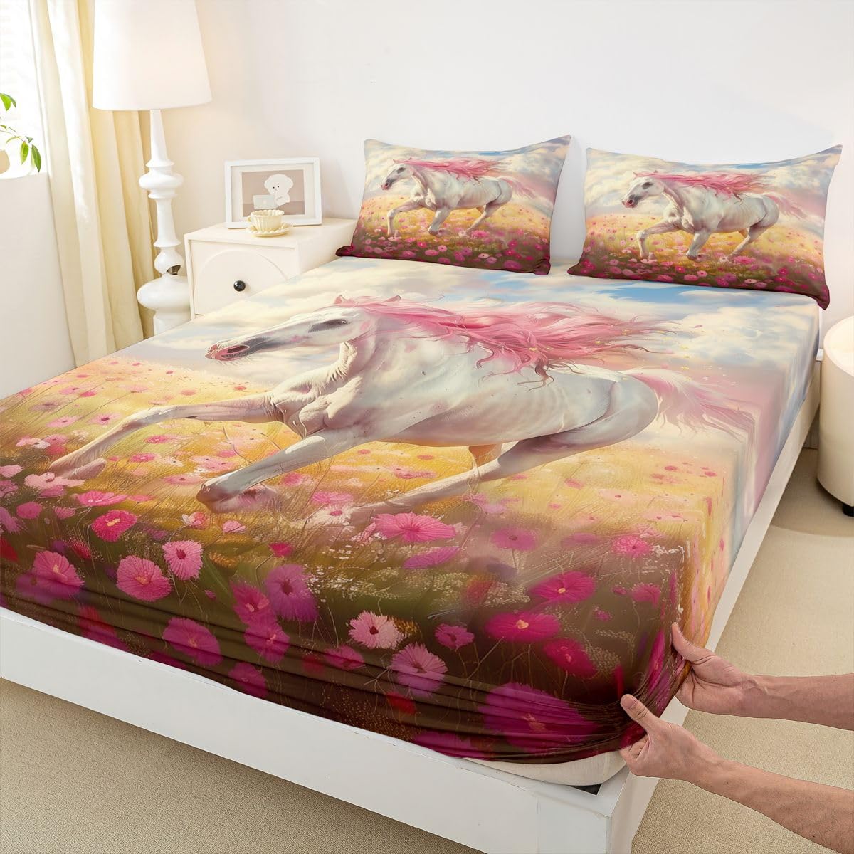 jejeloiu Galloping Horse Bed Sheets Set Queen Size Colorful Flower Deep Pocket Fitted Sheet Rustic Farmhouse Bedding Sets Wild Animal Soft Bed Set 4Pcs with 2 Pillow Cases
