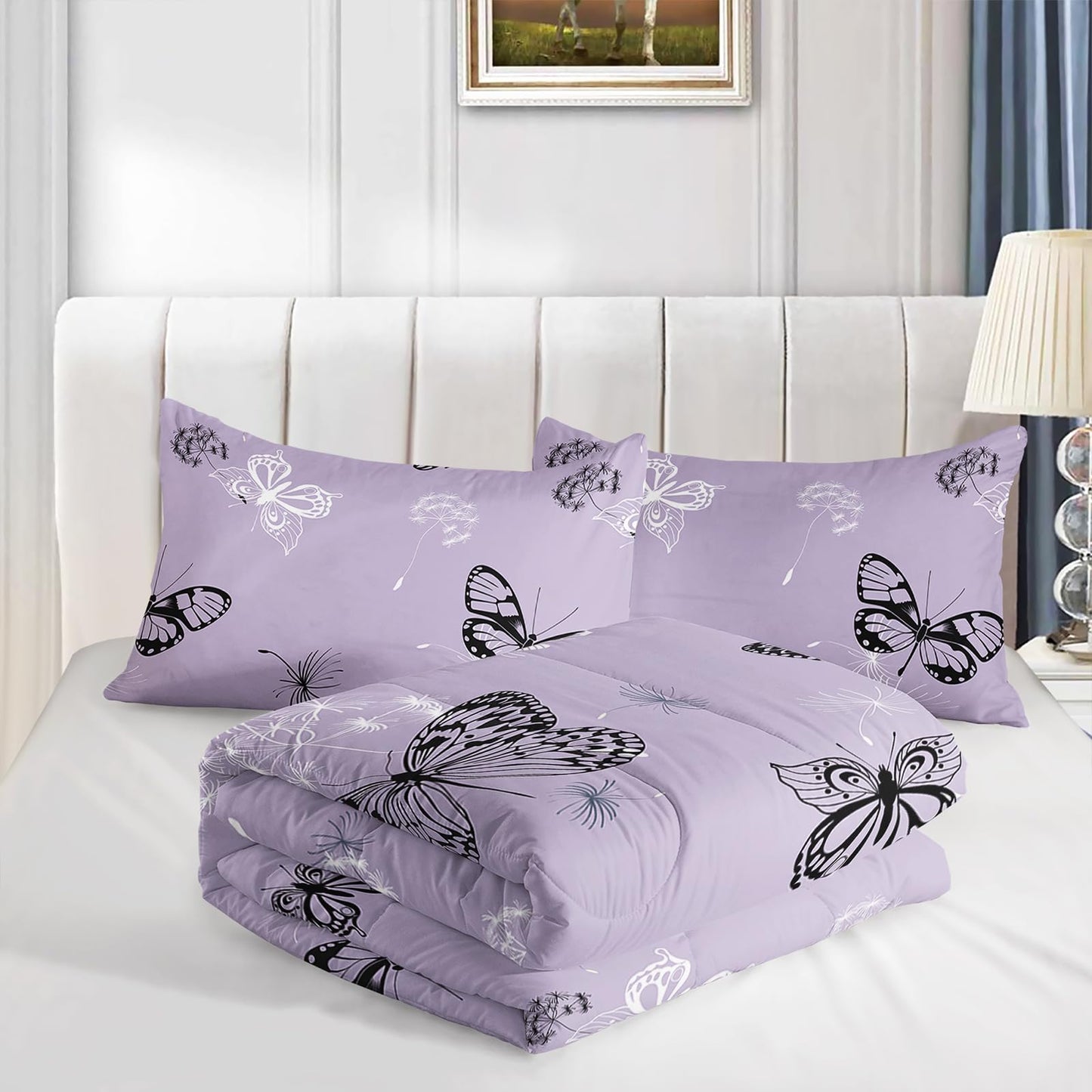 QOOMO 3Pcs Butterfly Comforter Set Twin,Purple Butterflies Bedding Set for Teens Boys Girls,Dandelion Butterflies Printed Comforter with 2 Pillowcases,Down Alternative,Soft and Lightweight