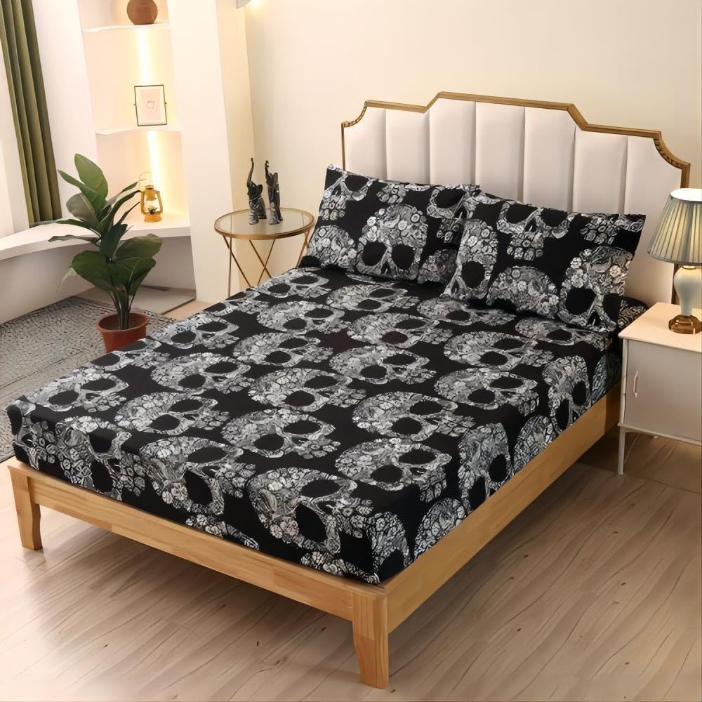 SDIII Gothic Skull Fitted Sheet Full with 2 Pillowcases, Deep Pocket Soft Microfiber Goth Skull Bed Sheet Full Size Halloween