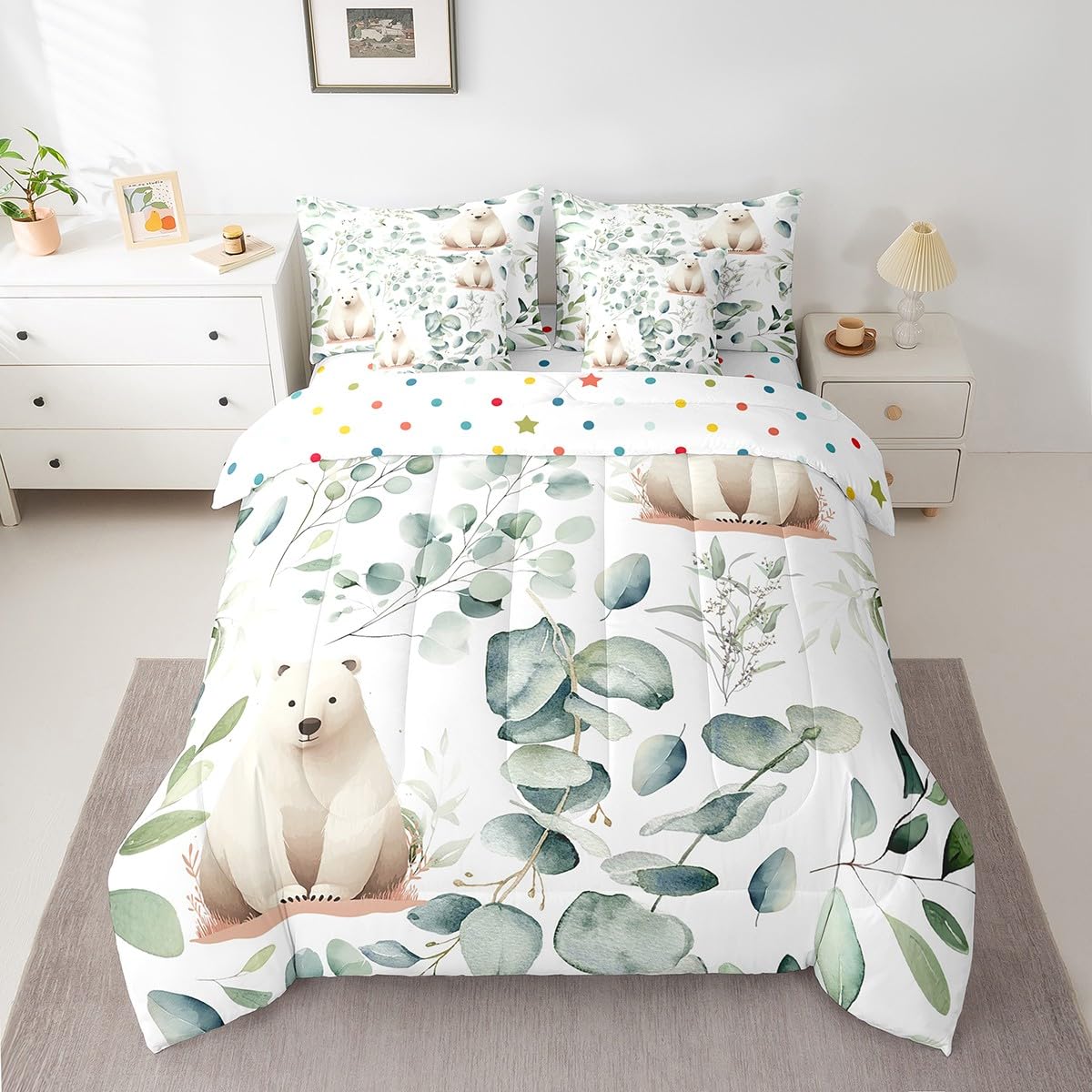 Erosebridal Boys Cartoon Animal Bed in a Bag 7-Piece for Kids Kawaii Polar Bear Bedding Set, Arctic Wildlife King Size Comforter Set White Green Bedding Comforter Sets, Botanical Eucalyptus Bed Set