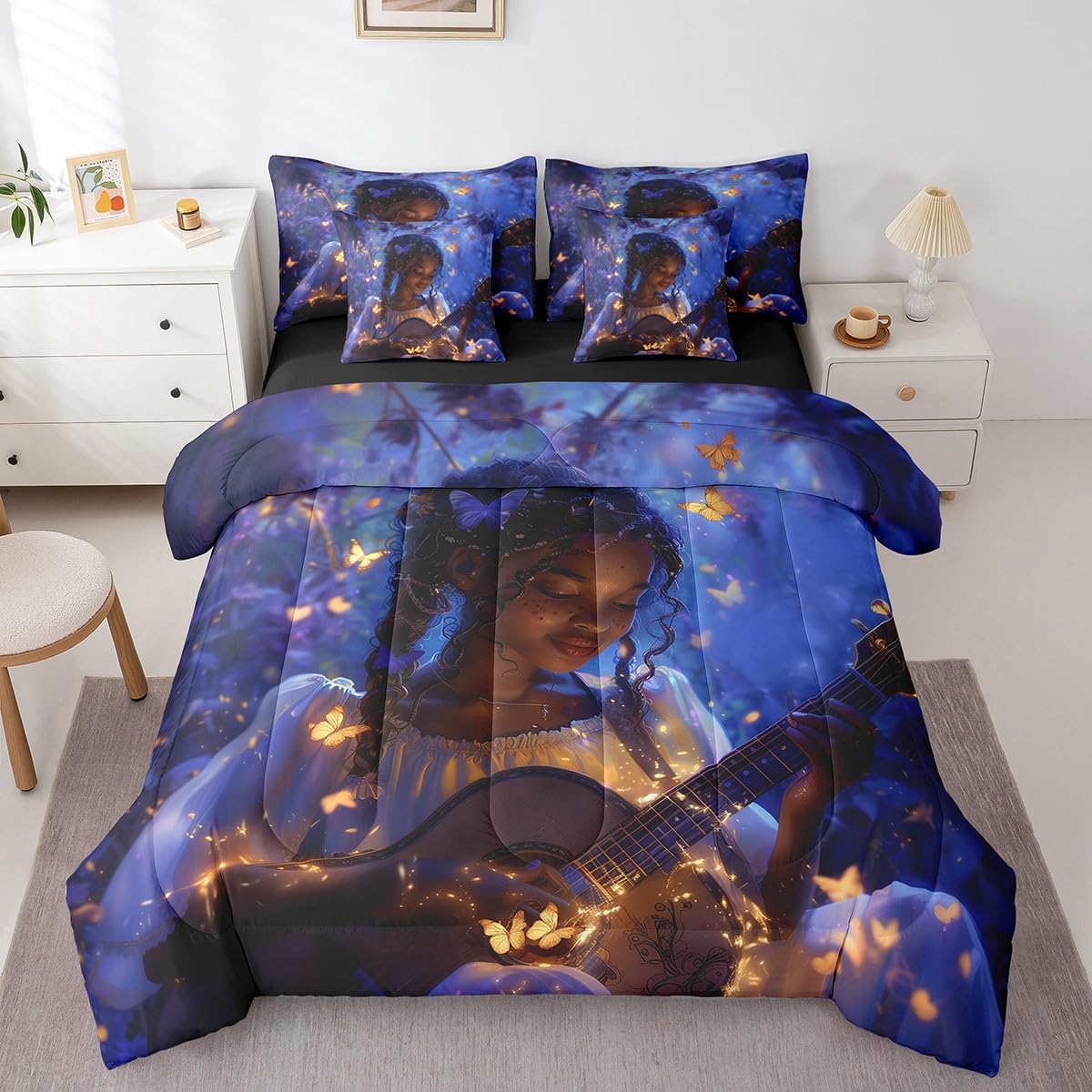 Boho Exotic Girl Comforter Set,Artistic Musical Guitar 7 Piece Bed Set Twin Size for Kids,Jungle Glowing Butterfly Bed in a Bag Bedding Set with Comforter,Sheet Set,Pillowcases,Pillow Covers