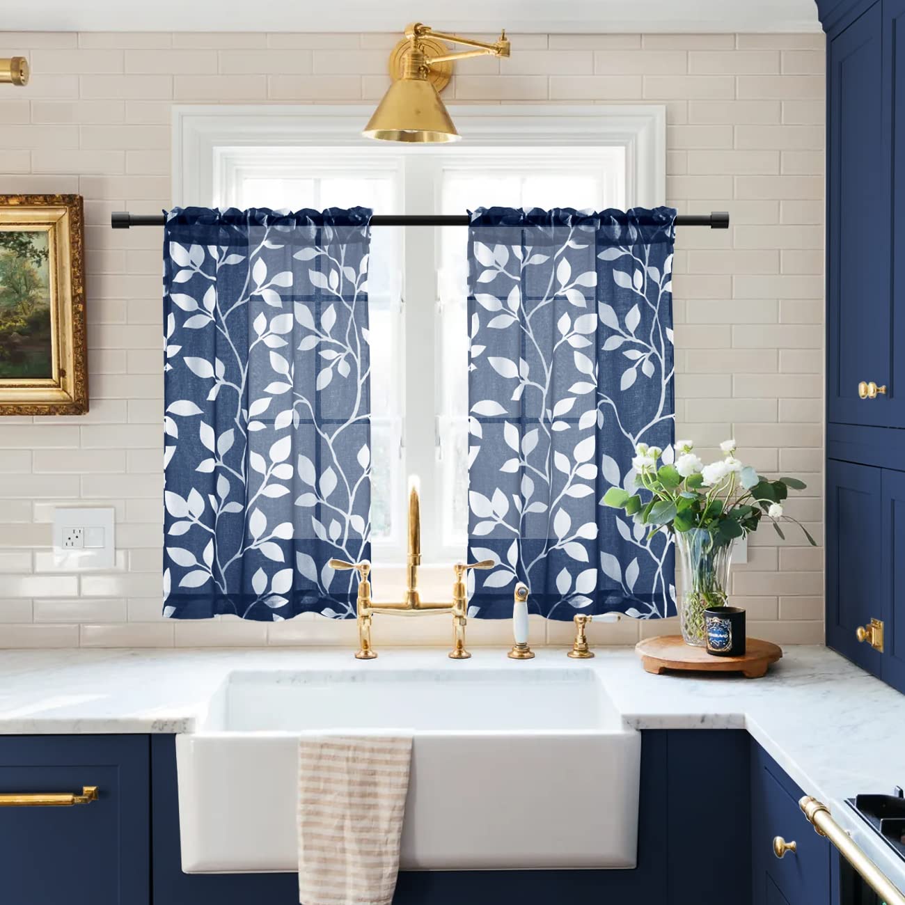 XTMYI Bathroom Curtains Window Short,Small Window Curtains Treatments for Kitchen,36 Inch Length,Navy Blue and White