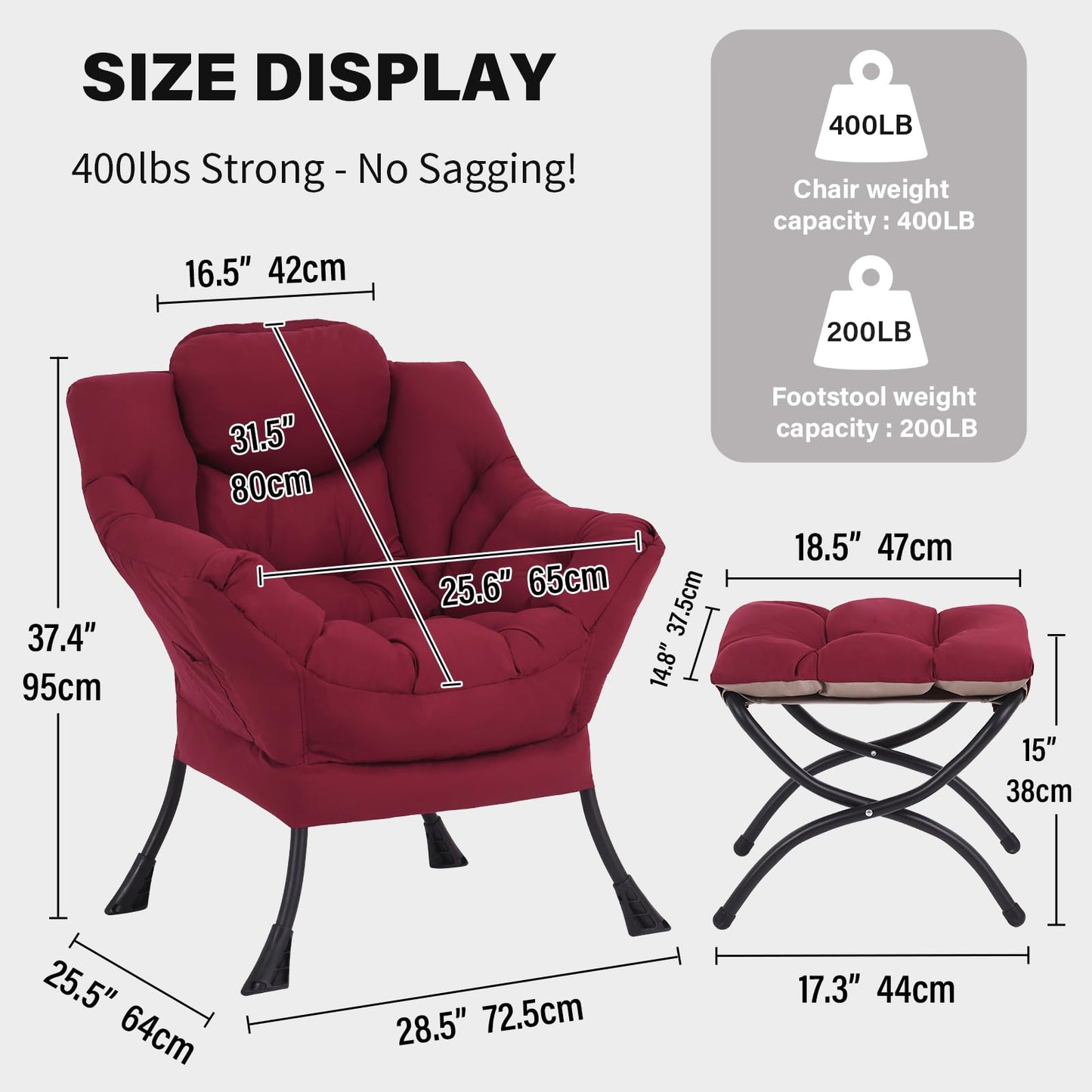 YOTATING Lazy Chair with Ottoman, Lounge Accent Arm Chair with Armrests, Side Pocket and Footrest, Leisure Upholstered Sofa Reading Chair with Footstool for Living Room Bedroom, Burgundy