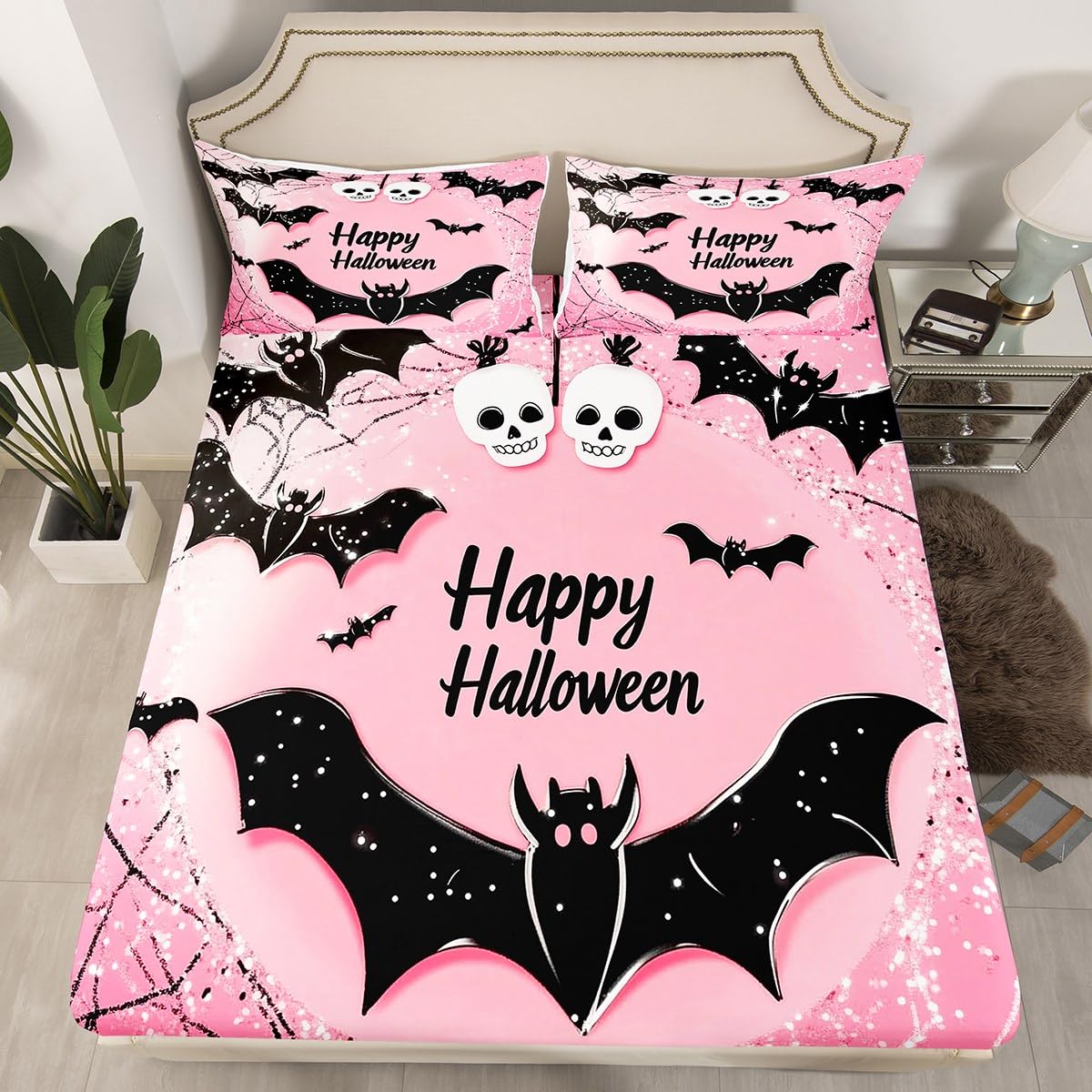 Feelyou Kids Happy Halloween Bed Sheet Set Full Size, Black Bat Bedding Set Boys Girls Pink Fitted Sheet Spider Web Teens Bedroom Decor Lightweight Bed Set (No Flat Sheet)