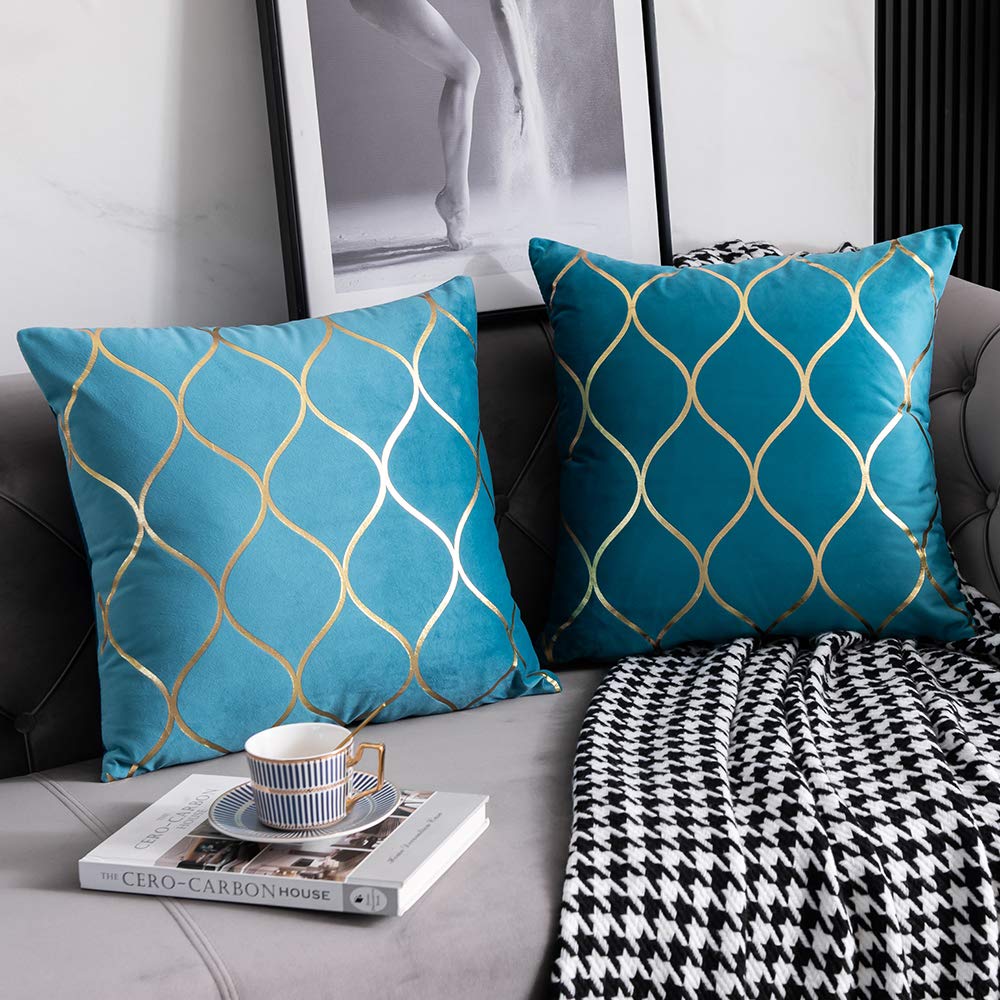 DEZENE 20x20 Inch Gold Velvet Throw Pillow Covers: 2 Pack Square Decorative Pillow Cases for Bedroom Sofa Couch Living Room, Turquoise