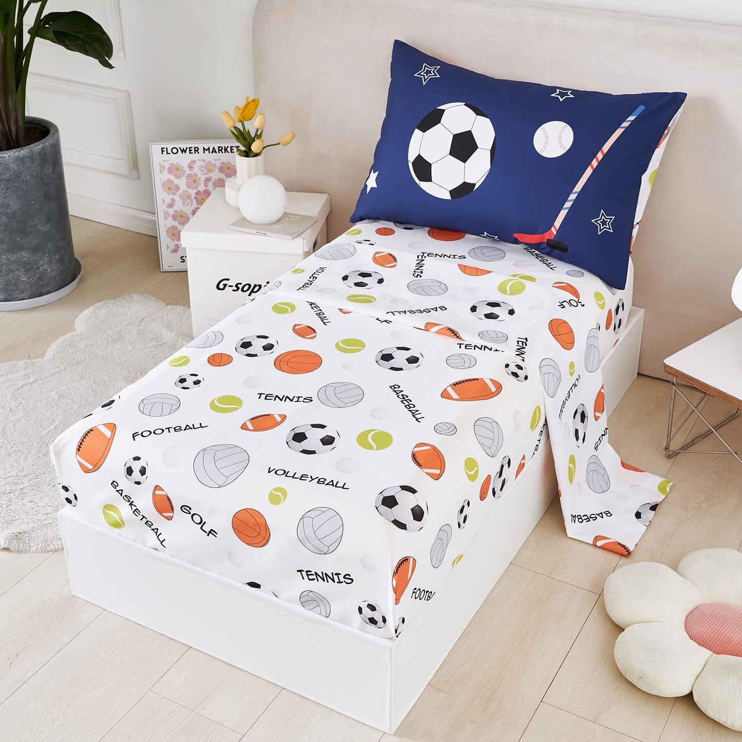 URBONUR 4-Piece Toddler Bedding Set - Ultra Soft Sports Series Baseball Football Basketball Boys Toddler Comforter Set Navy - Include Comforter, Flat Sheet, Fitted Sheet and Reversible Pillowcase