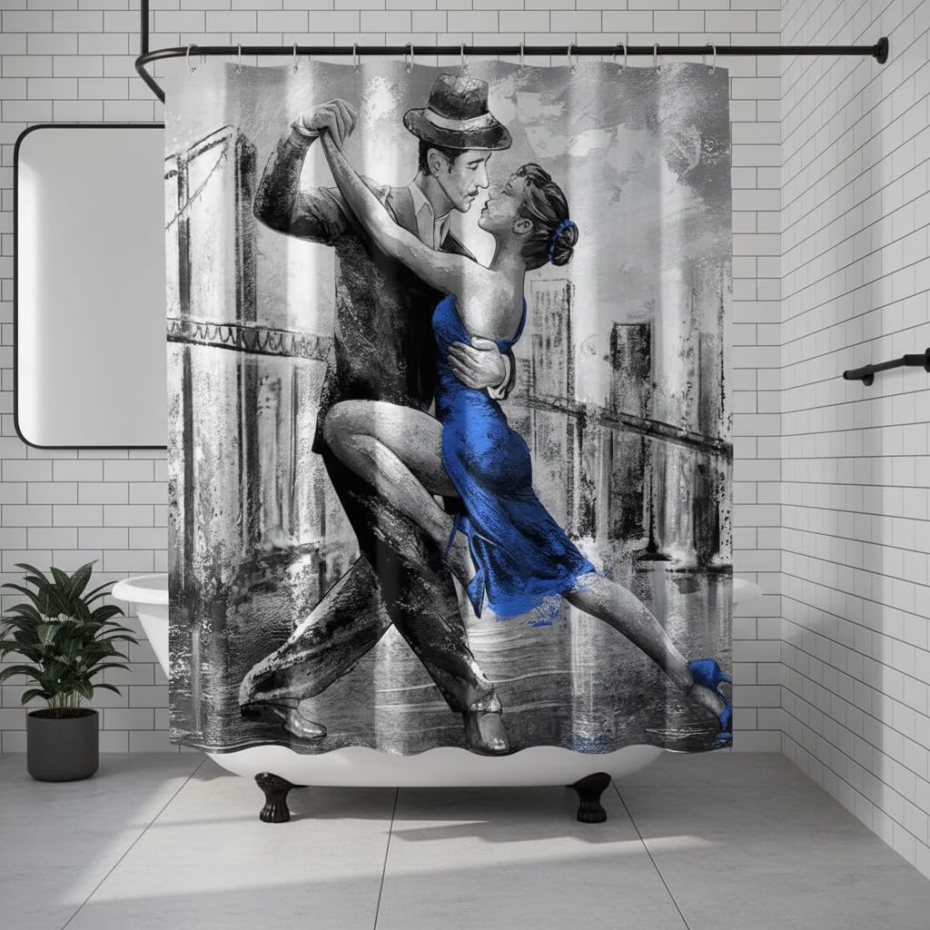 Conipit Dancing Couple Shower Curtain Black White Blue Shower Curtains Romantic Bathroom Curtain Waterproof Polyester Fabric 72"X72" with Hooks