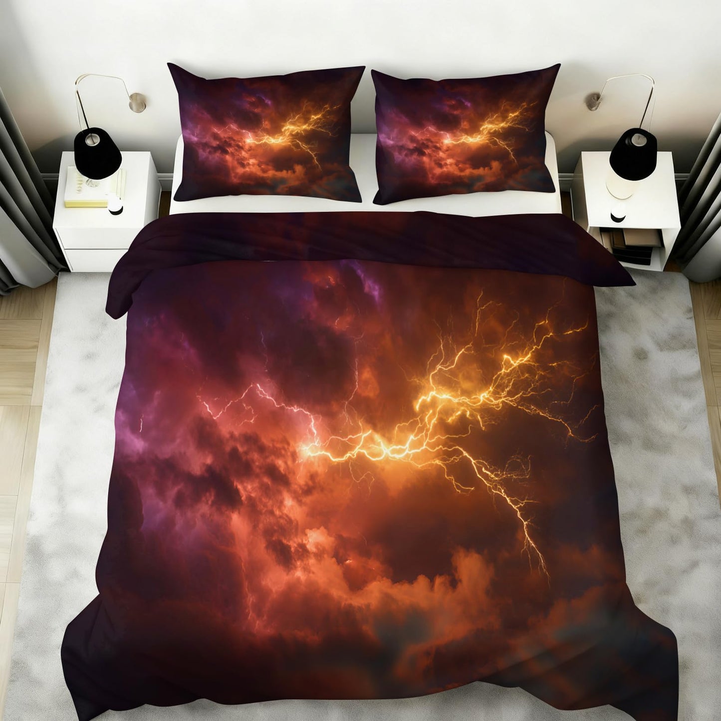 Lightning Duvet Cover Full Size, Cosmic Nebula Comforter Cover 80" x 90", Golden Lightning Bedding Set with 2 Pillowcases