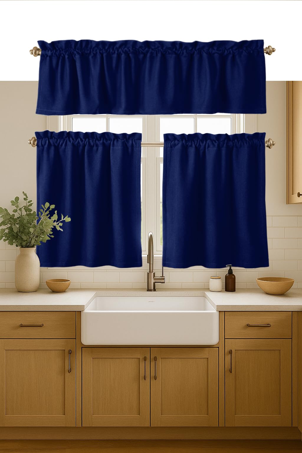 Native Fab 3 Piece Window Curtain Tiers 26"x36" and Valance 54"x18" Set - Rod Pocket - Semi Sheer - Short Curtain for Kitchen, Cafe, Living Room - Ink Blue