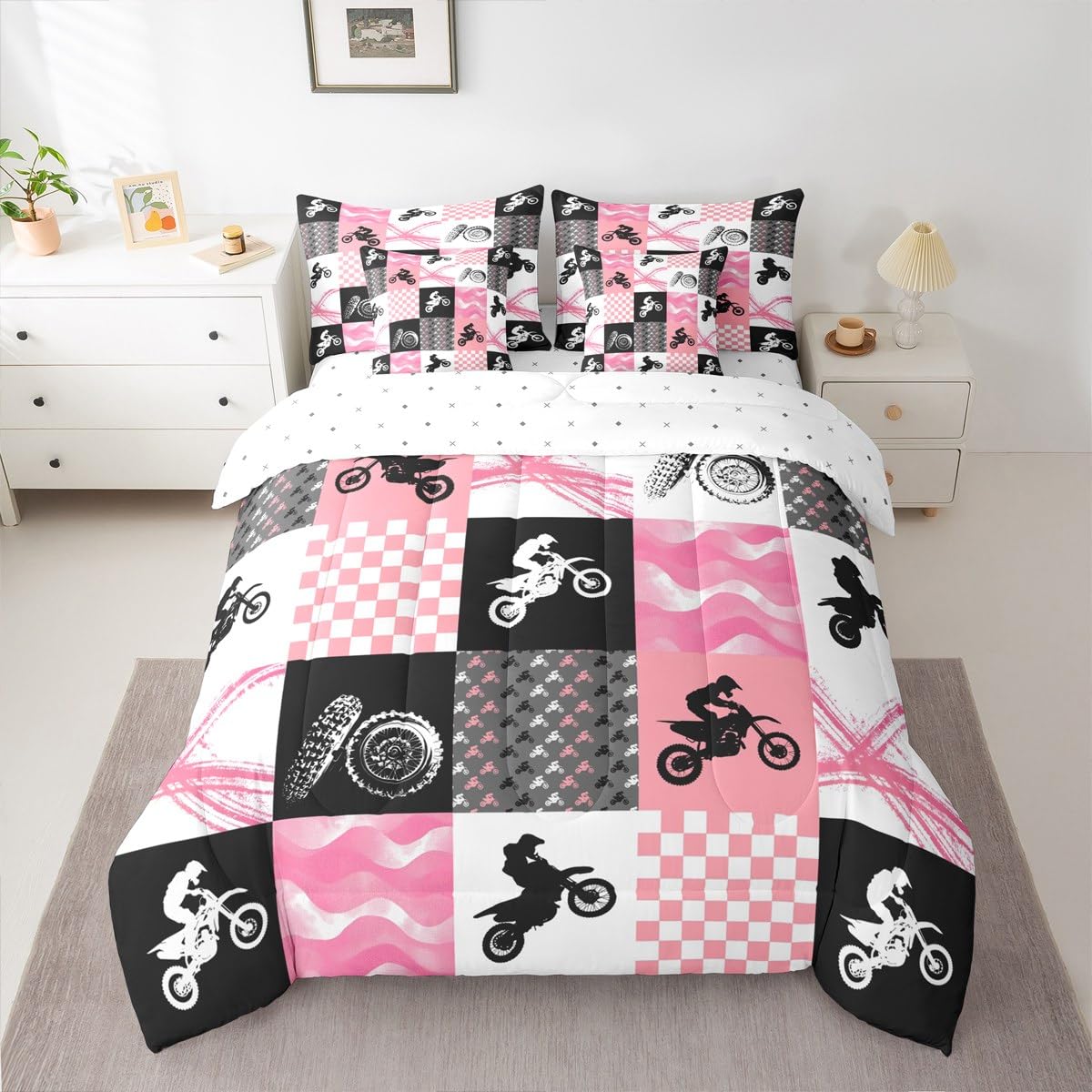 Erosebridal Motocross Twin Comforter Set 7 Pieces, Dirt Bike Bed in A Bag, Motorcycle Rider Bedding Set with Comforters, Sheets, Pillowcases Motorbike Extreme Sport Game Bedroom Decor