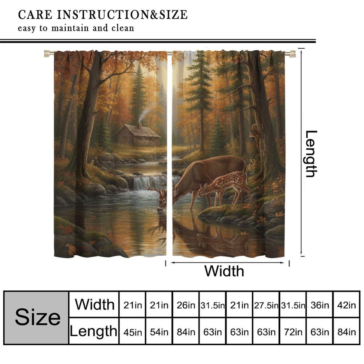 PHTAYOT Rustic Cabin Deer Curtains Farmhouse Country Farm Forest Wildlife Deer Pattern Decor Window Drapes for Bedroom Living Room,2 Panels Set,42x45 Inch