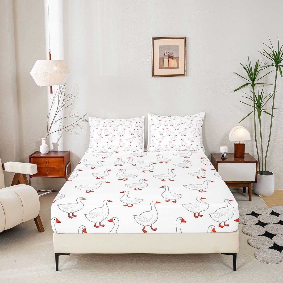 Erosebridal Cartoon Goose Bed Sheets Set Full Kawaii Animal Sheet Set Cute White Geese Sheets Cute Funny Flat Fitted Sheet