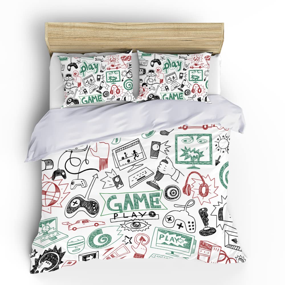Vichonne Game Comforter Sets for Boys Teen Twin Size,Kids Video Games Bedding Set Sketch Style Athletic Racing Game Design Bedroom Home Decor