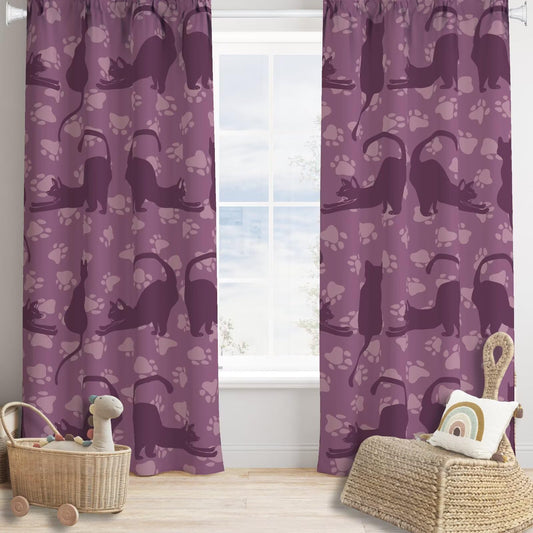 JADERYS Cat Vintage Rustic Blackout Curtains Cute Purple Cat Cartoon Funny Animal Paw Print for Kids Girls Boys Bedroom Living Room Kitchen Rod Pocket Decoration Window Drapes 2 Panels W21xL45in