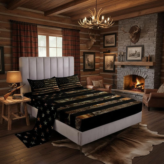 American Flag Camo Bedding Set King,Military Hunting Bed Sheets Rustic Tree Leaves Camouflage Bed Sheet Set for Boys Teens Kids Man Nature Conifer Oak Branches Fitted Sheet & Flat Sheet 3 Pcs
