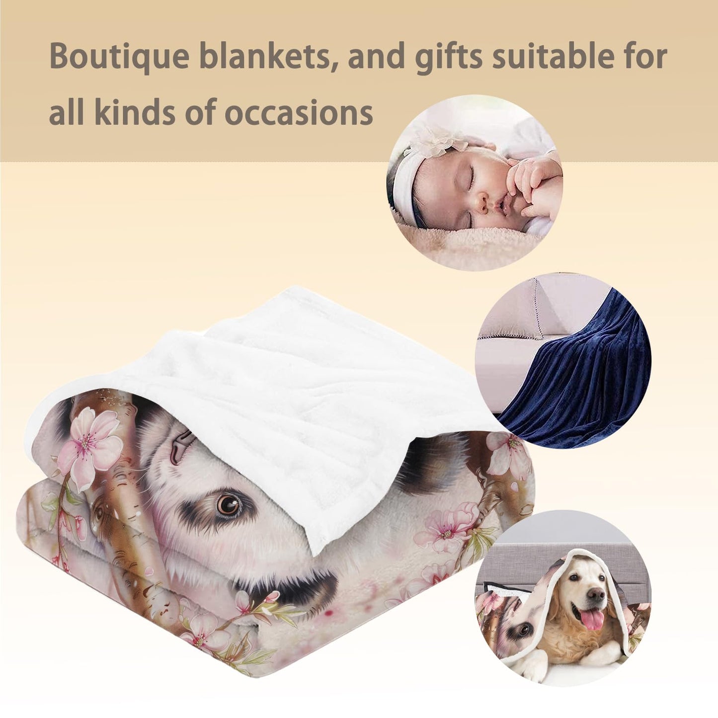 Ti Caldi Panda & Cherry Blossom Blanket, Soft Fuzzy Lightweight Animal Flannel Throw Blanket for Couch, Bed, Travel & Outdoor Use, Warm Cozy Decor Blankets for Women Girls 60×50 in