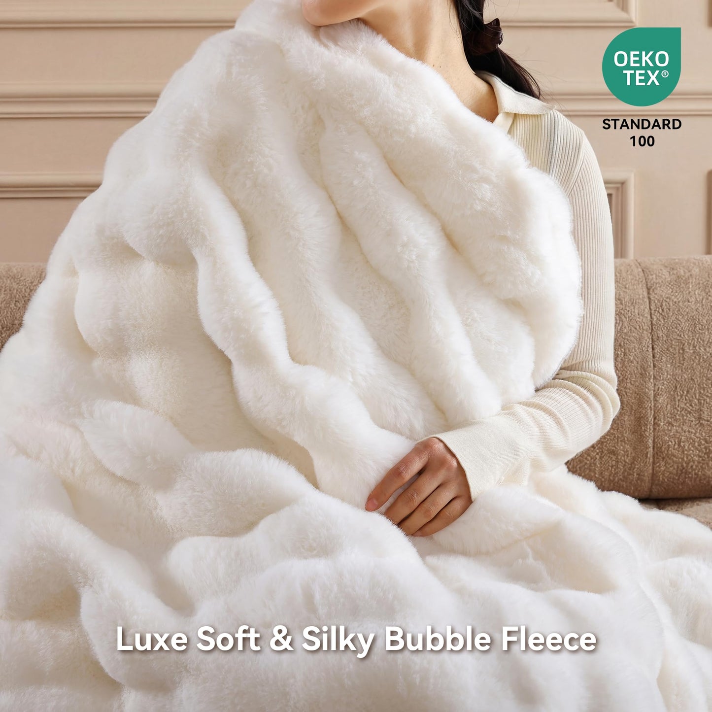 Smoofy Faux Fur Throw Blanket for Couch - Cream White Super Soft Cozy Bubble Blanket, Fluffy Plush Fuzzy Throw for Sofa & Bed, Thick Lightweight Warm Blanket, Luxury Aesthetic Gift for Women 50"x60"