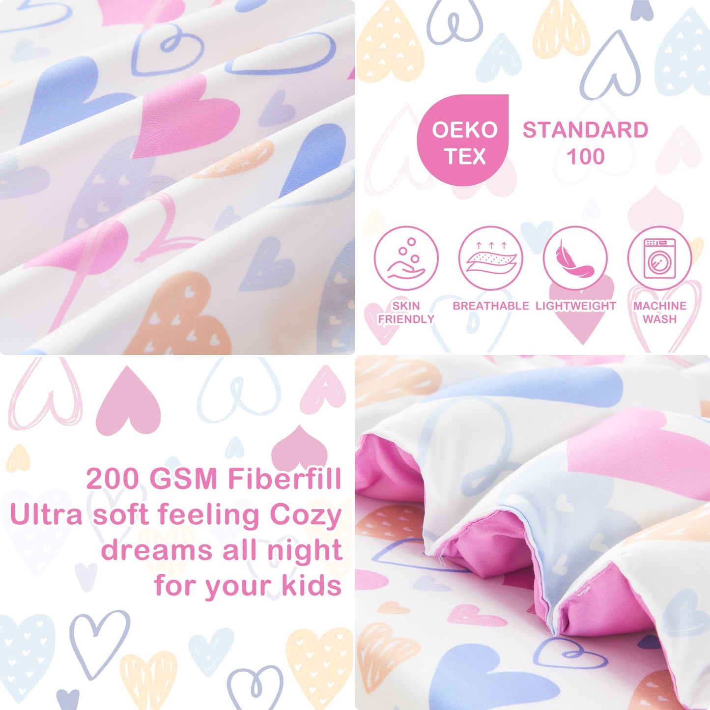 Mooreeke 4 Pieces Toddler Bedding Set - Soft Love Heart Toddler Comforter Sets for Girls, Includes Quilted Comforter, Flat Sheet, Fitted Sheet and Pillowcase, Bed in A Bag for Baby Bedroom