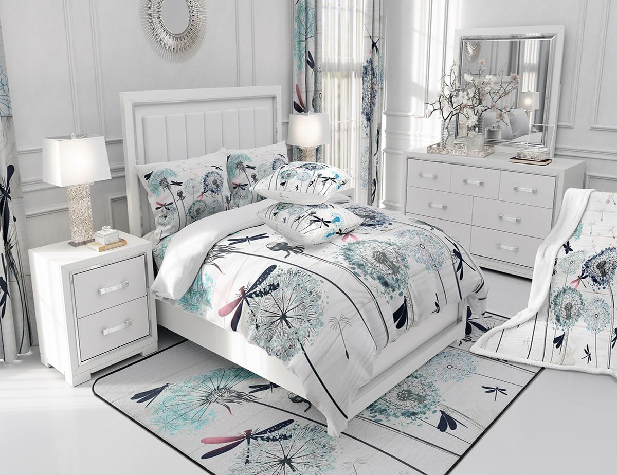 Manfei Dandelion Comforter Set Twin Size, Boho Dragonfly Bedding Set 2pcs for Kids Boys Girls Bedroom Decor, Botanical Floral Quilt Set Rustic Wooden Board Duvet Set with 1 Pillowcase