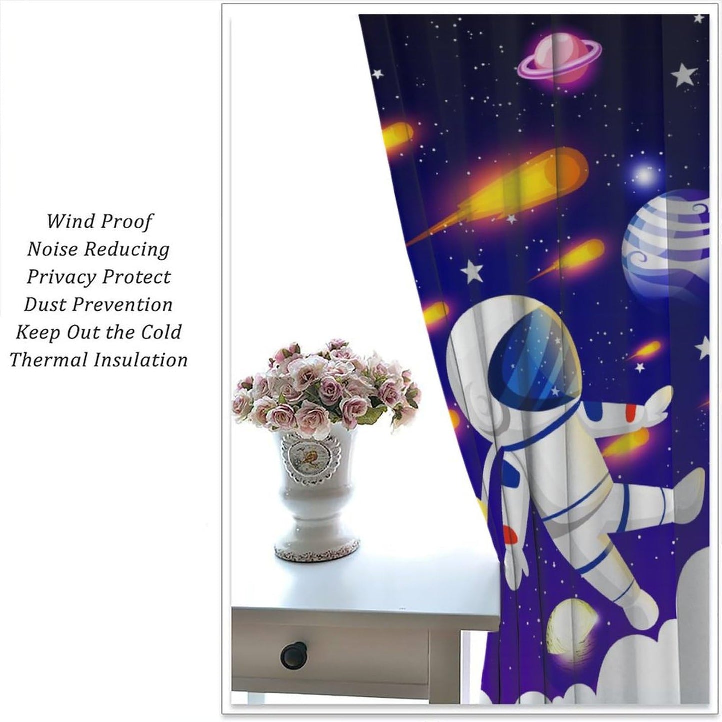 Astronaut Rocket Blackout Curtain for Kids,Cartoon Space Fantasy Universe Solar System Meteorite Planet Earth Galaxy Stars Window Drapes Print for Boys Baby Nursery Bedroom Living Room 63x72inch
