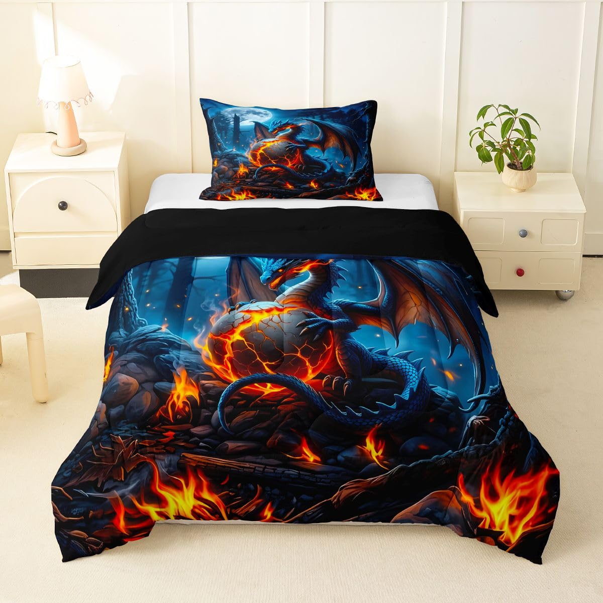 Feelyou Blue Black Dragon Bedding Set Soft for Boys Girls, Wild Animal Comforter Set Twin Size Mysterious Dragon Egg Duvet Quilt Microfiber Gothic Magic Bedroom Decor 2 Pcs with 1 Pillow Cases