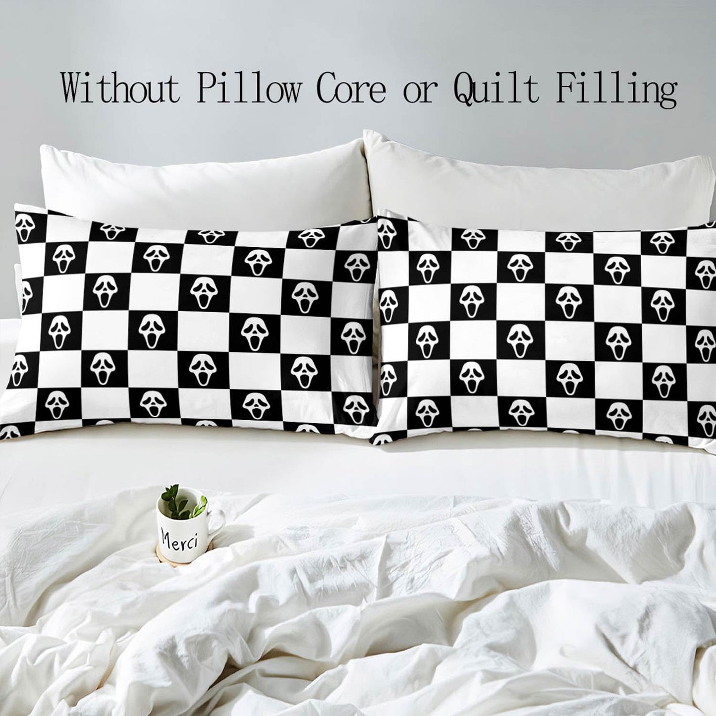 LUVIVIHOME 3PCS Funny Scream Face Duvet Cover Queen Bedding Set, Black and White Checkered Duvet Cover, Halloween Horror Scary Spooky Ghost Skull Face Grid Buffalo Plaid Comforter Cover 2 Pillow Cases