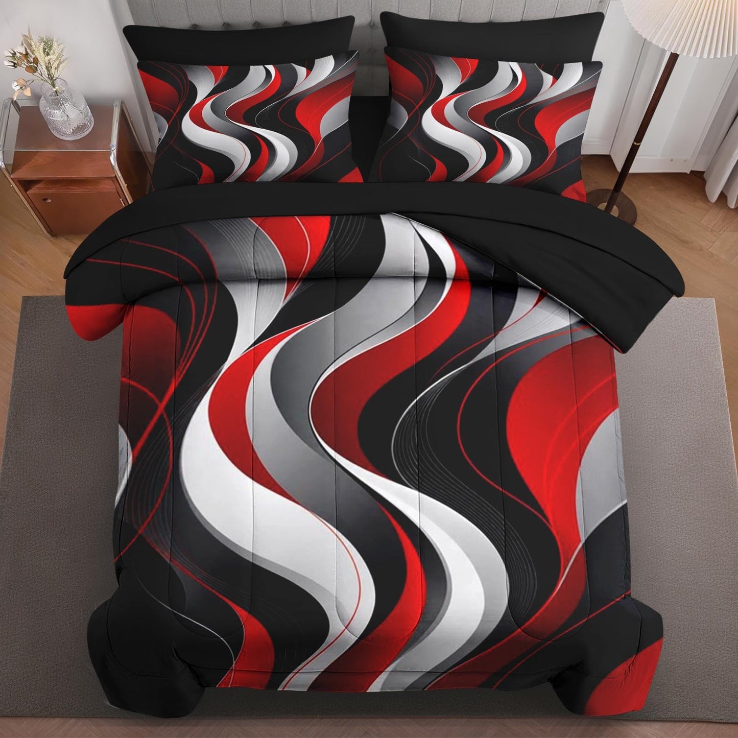 Boewywh Comforter Set Twin Size Abstract Modern Red 7 Pcs, Bedding for Kids and Adults, Black White Bed Sheet Sets with Fitted Sheet 2 Pillowcases & 2 Shams for Bedroom Bed Decor