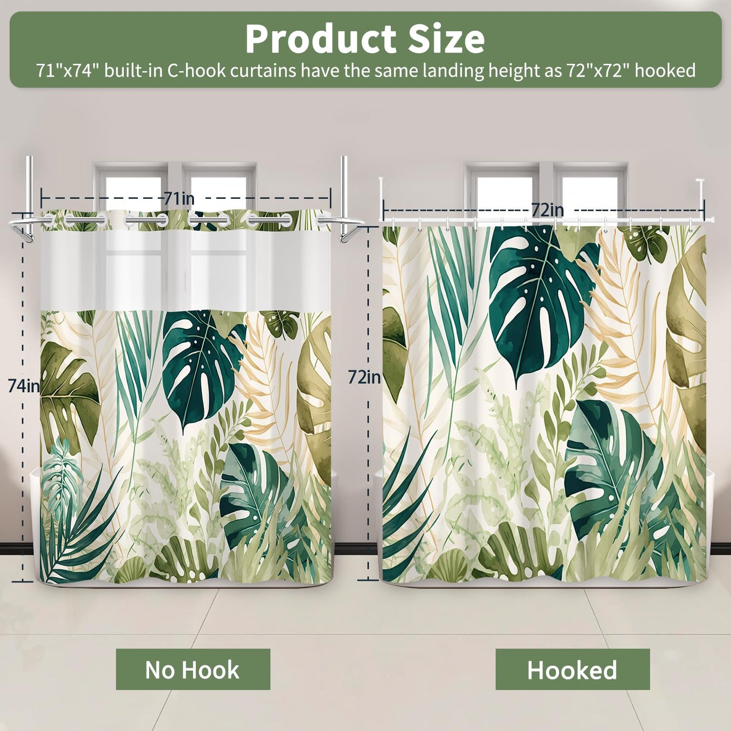 Sage Green Tropical Leaves Shower Curtain and Liner Set, Monstera Palm Leaf Botanical Design Bathroom Curtains, Waterproof Double Layers Fabric No Hook Shower Curtain with Top Mesh Window, 71x74 Inch