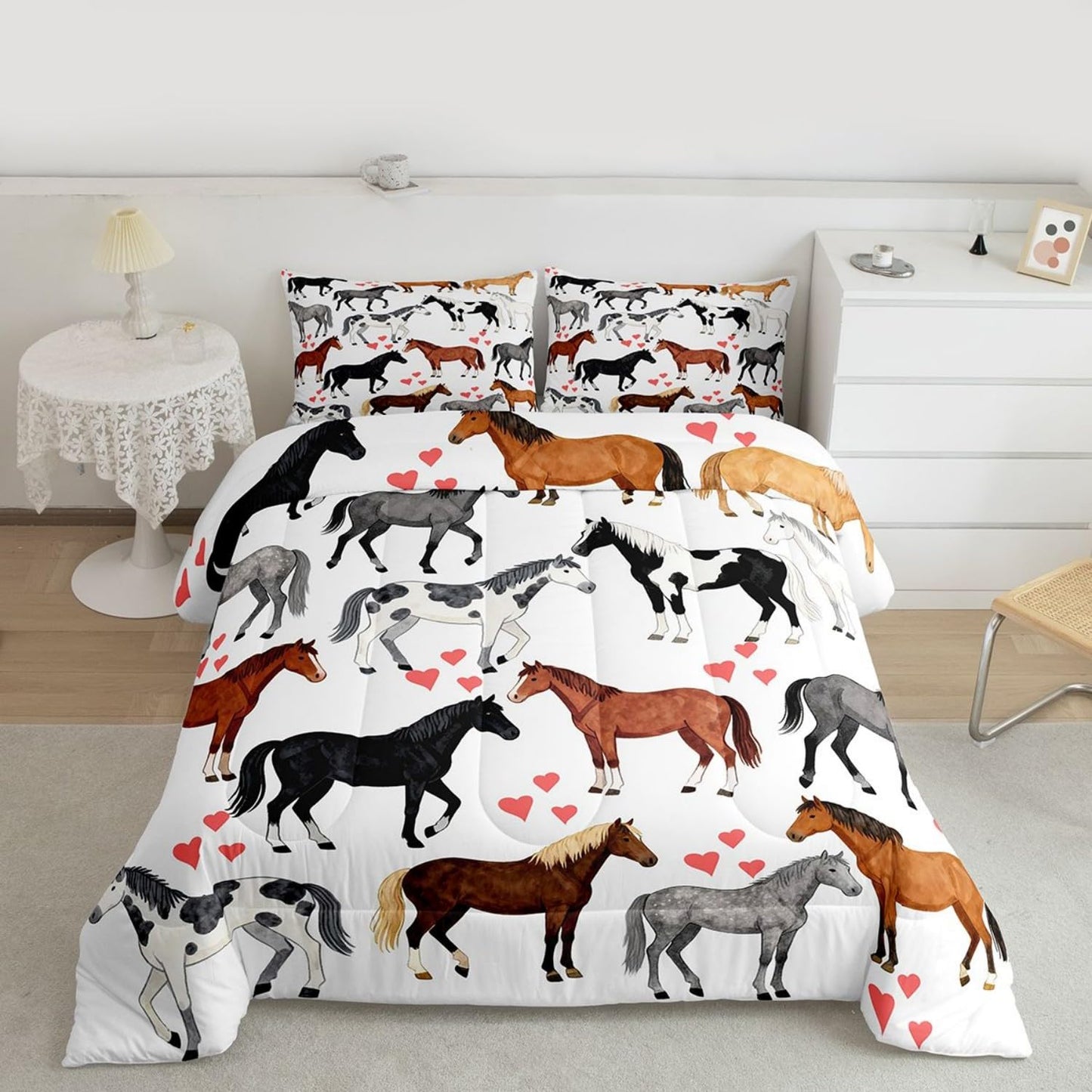 Erosebridal Kawaii Comforter Horse Comforter Set Queen Farm Bedding Set Kids Boys Girls Cute Animal Duvet Set Cartoon Horses with Pink Lover Heart Room Decor Duvet Set Cowboy Cowgirls Comforter Set