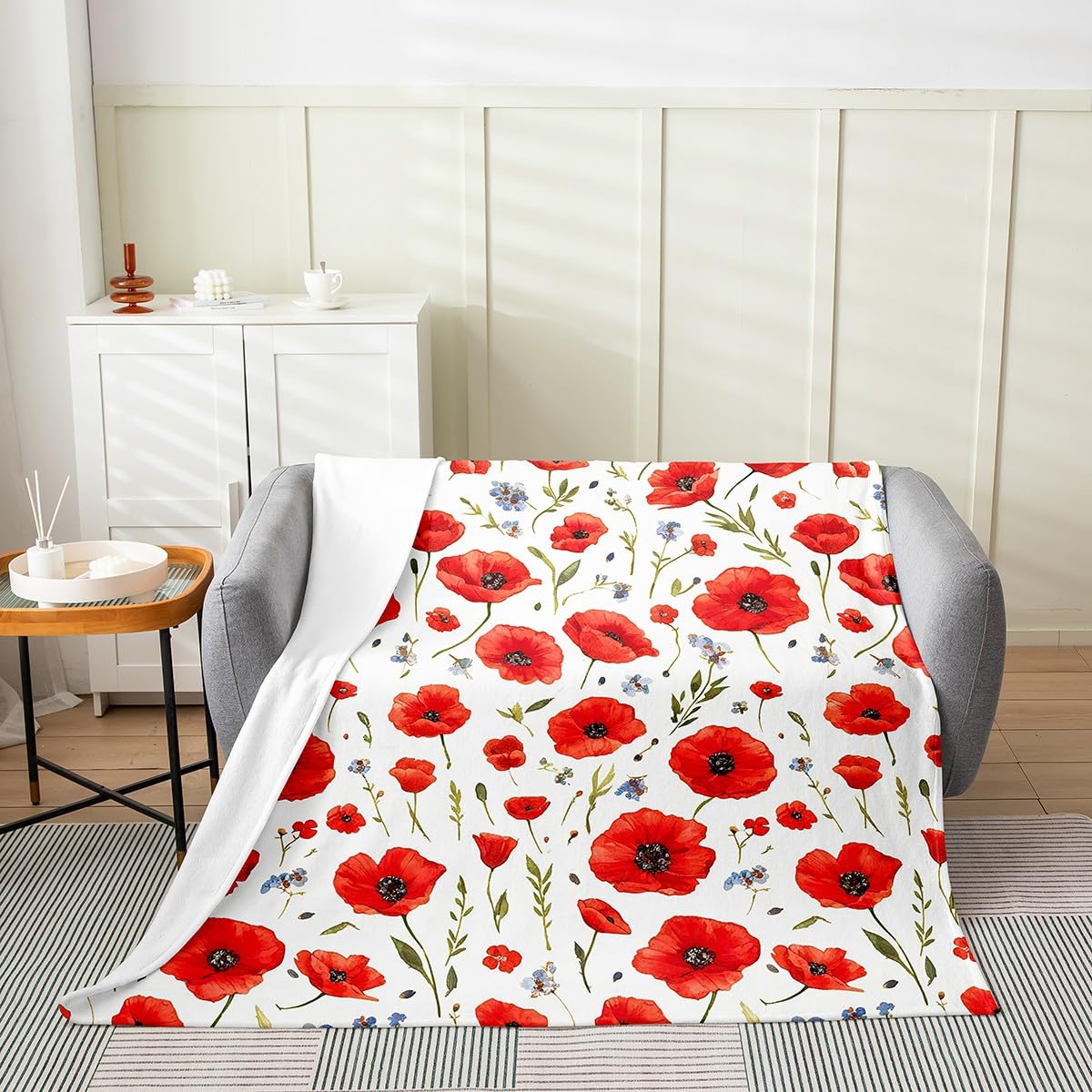 Feelyou Red Poppy Fuzzy Blanket Throw 50"x60" Floral Flower Blossom Printed Flannel Fleece Throw Blanket Botanical Branches All Season Bed Blanket Spring Garden Plush Blanket