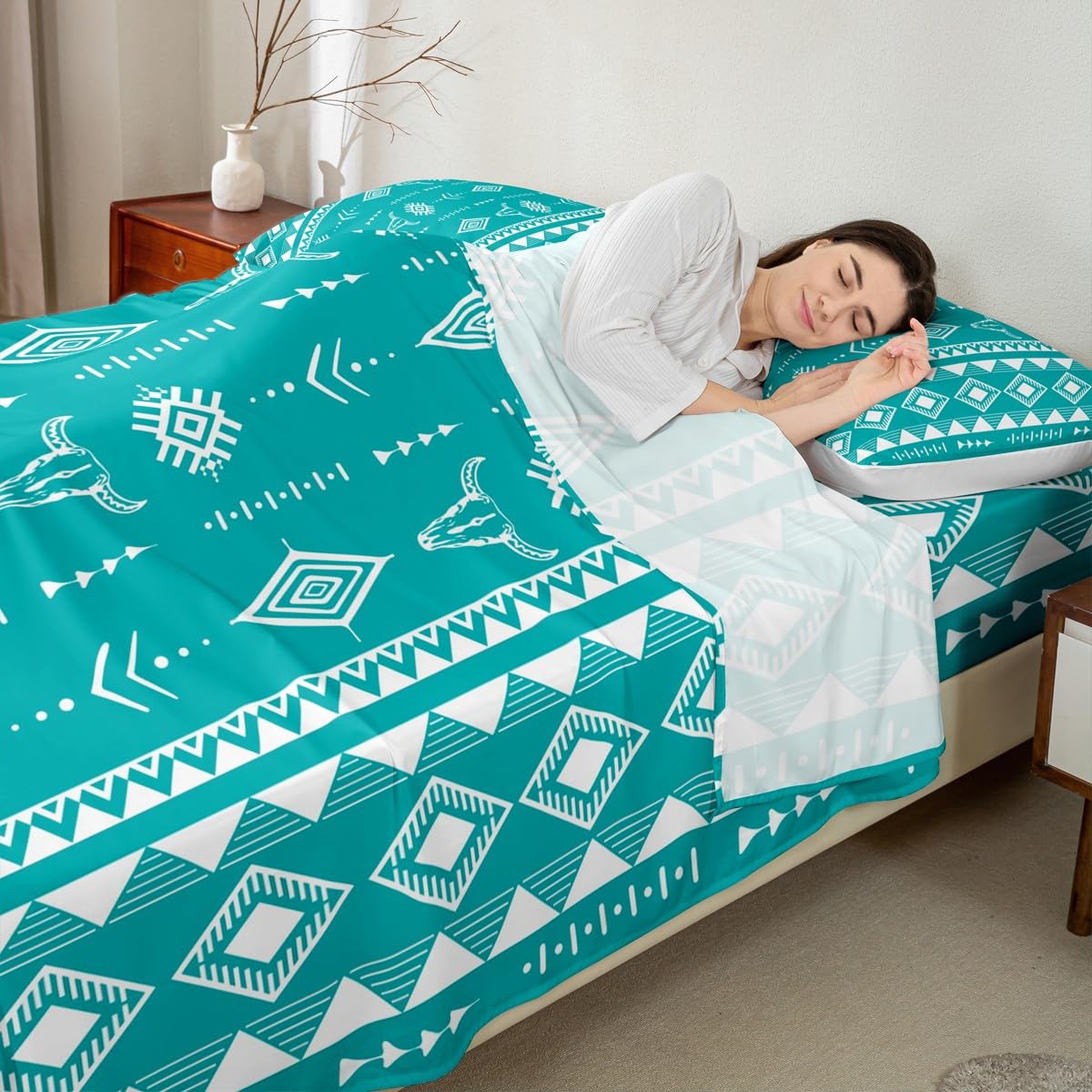 Erosebridal Western Aztec Boho Flat Fitted Sheet, Bull Skull Bed Sheets Set Full Size for Boys Girls Men Women Home Decor, Southwestern Cowboy Bedding Set, Ethnic Horns Bed Sets