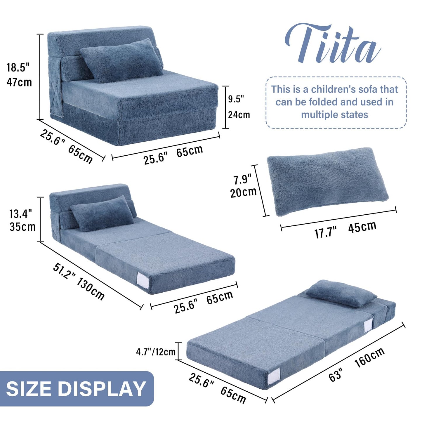 Tiita Convertible Folding Kids Sofa Bed with Pillow & Storage Bag, Plush Fabric Floor Mattress Couch Bed, Washable Cover, Kids Room, Playroom, Dorm, Apartment, Blue Grey