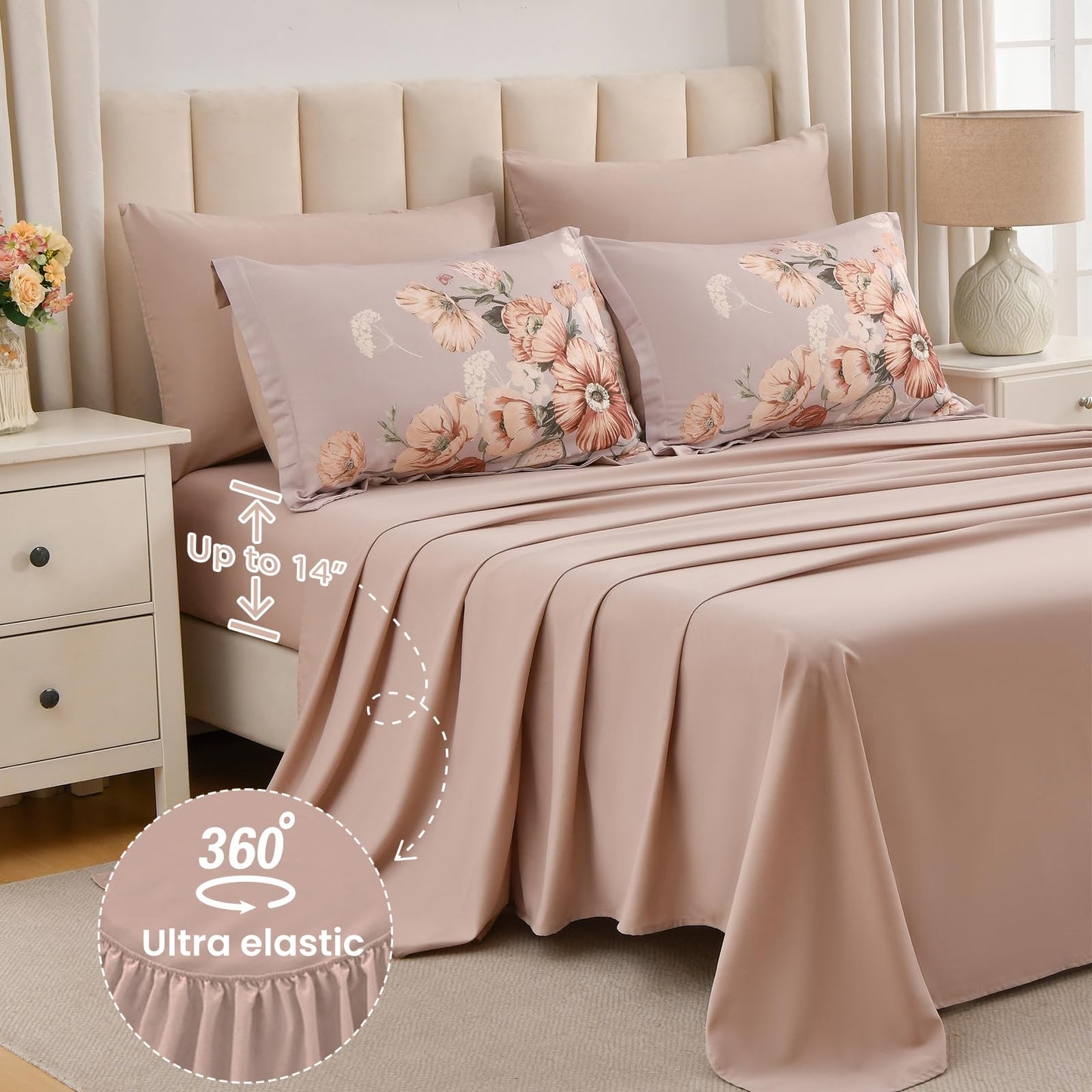 LLDSYW Queen Comforter Set - 7 Pieces Bed in a Bag Khaki Floral Queen Comforter Set with Sheets, Soft Microfiber Flower Complete Bedding Set for All Seasons（Khaki,90"x90"）