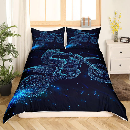 Feelyou Dirt Bike Duvet Cover Set Motocross Racer Bedding Set for Kids Boys Teens Racing Motorcycle Comforter Cover Set Extreme Sports Quilt Cover Motorbike Bedding Decoration King Size Blue