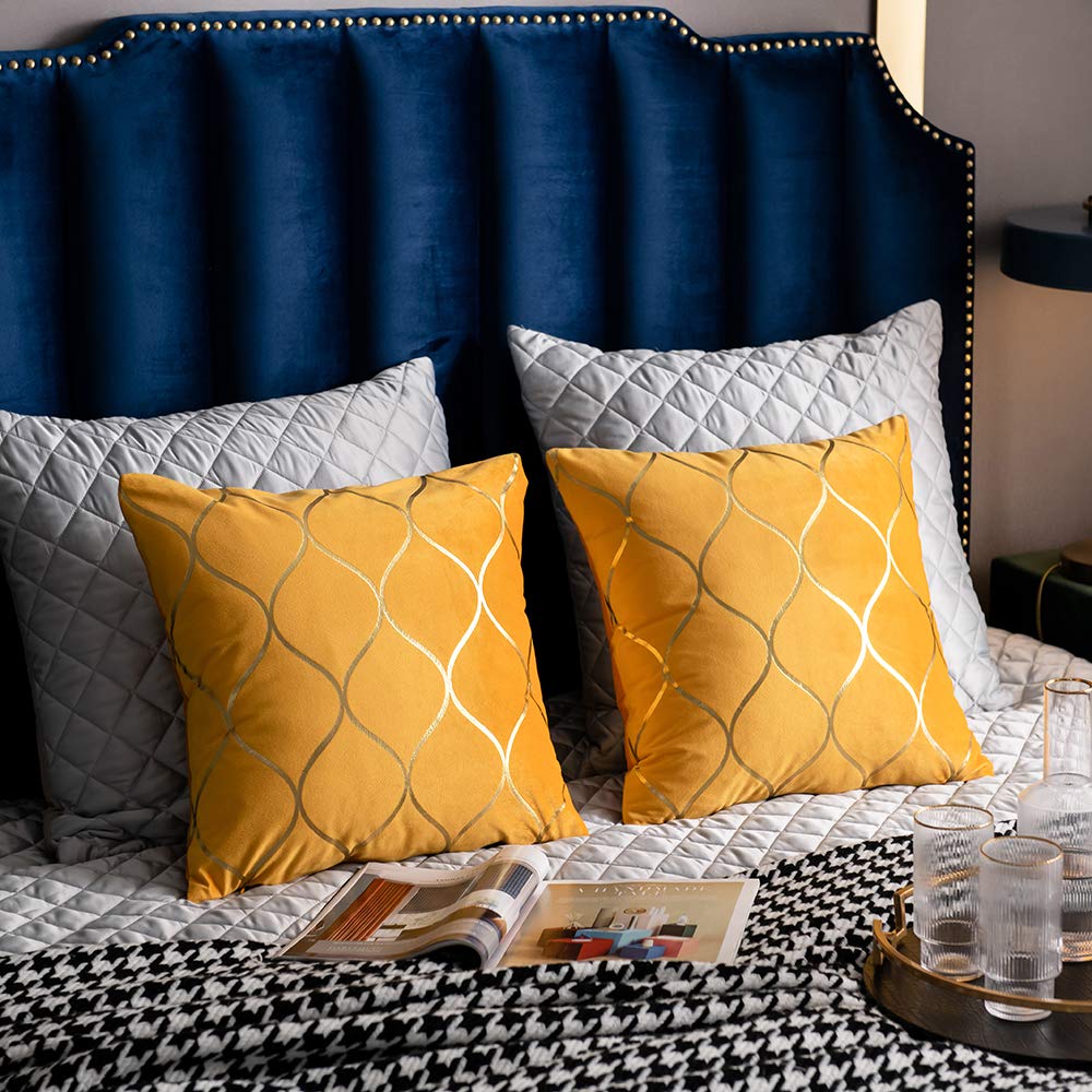 DEZENE 26x26 Inch Gold Velvet Euro Sham Pillow Covers: 2 Pack Square Decorative Pillow Cases for Bedroom Sofa Couch Living Room, Yellow