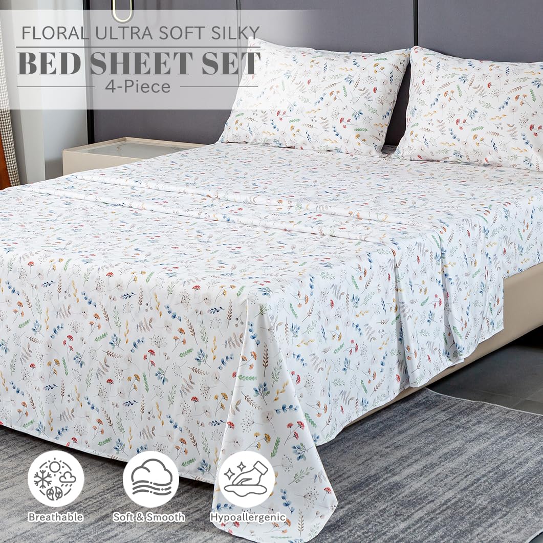 Bedlifes King Sheet Set Ultra Soft, Breathable, Silky Flower Deep Pocket 100% Microfiber Bedding, 4 Piece King Size White Floral