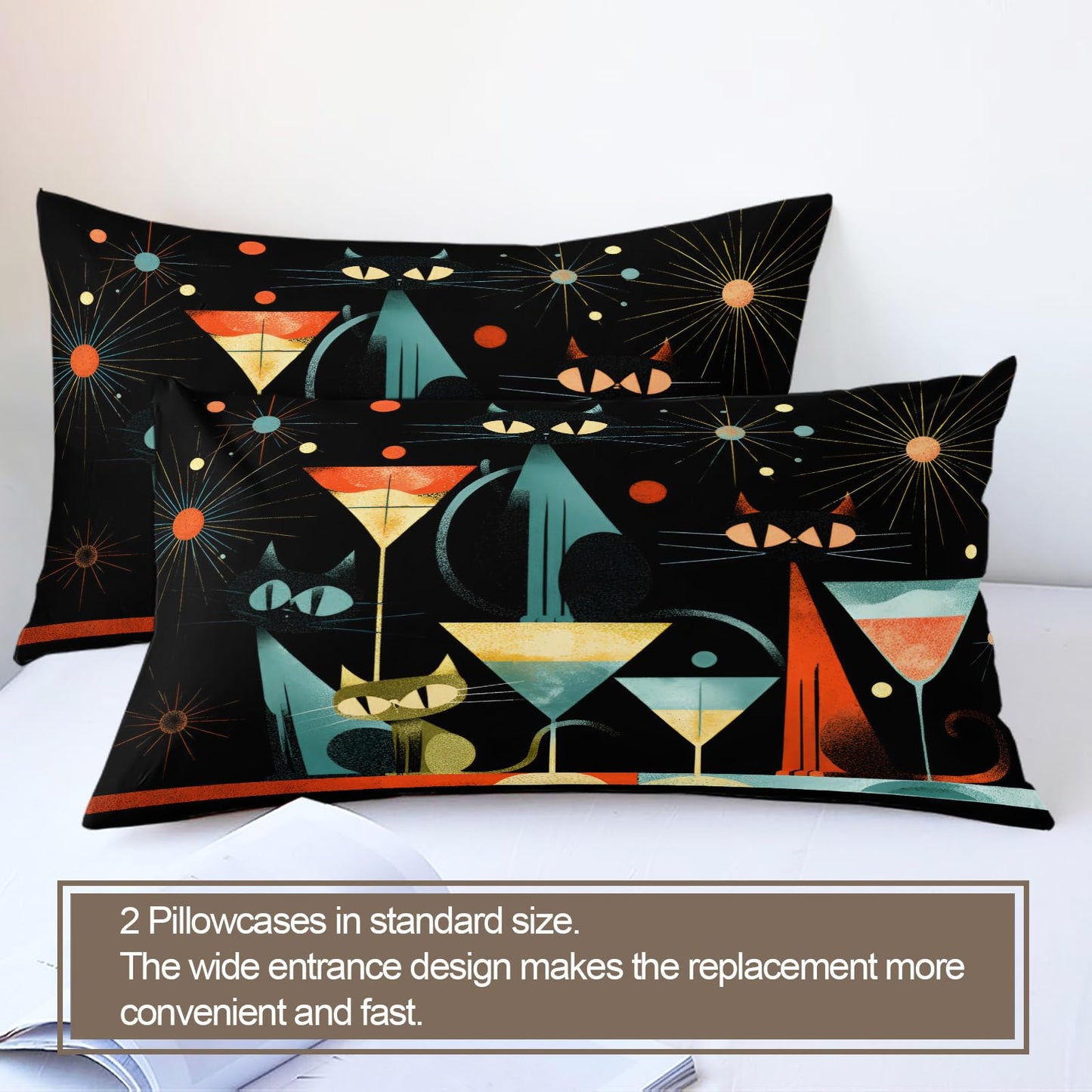 ZAMODE Cat Duvet Cover Queen Size, Mid Century Atomic Cat Comforter Cover 90" x 90", Abstract Funny Kitten Bedding Set with 2 Pillowcases