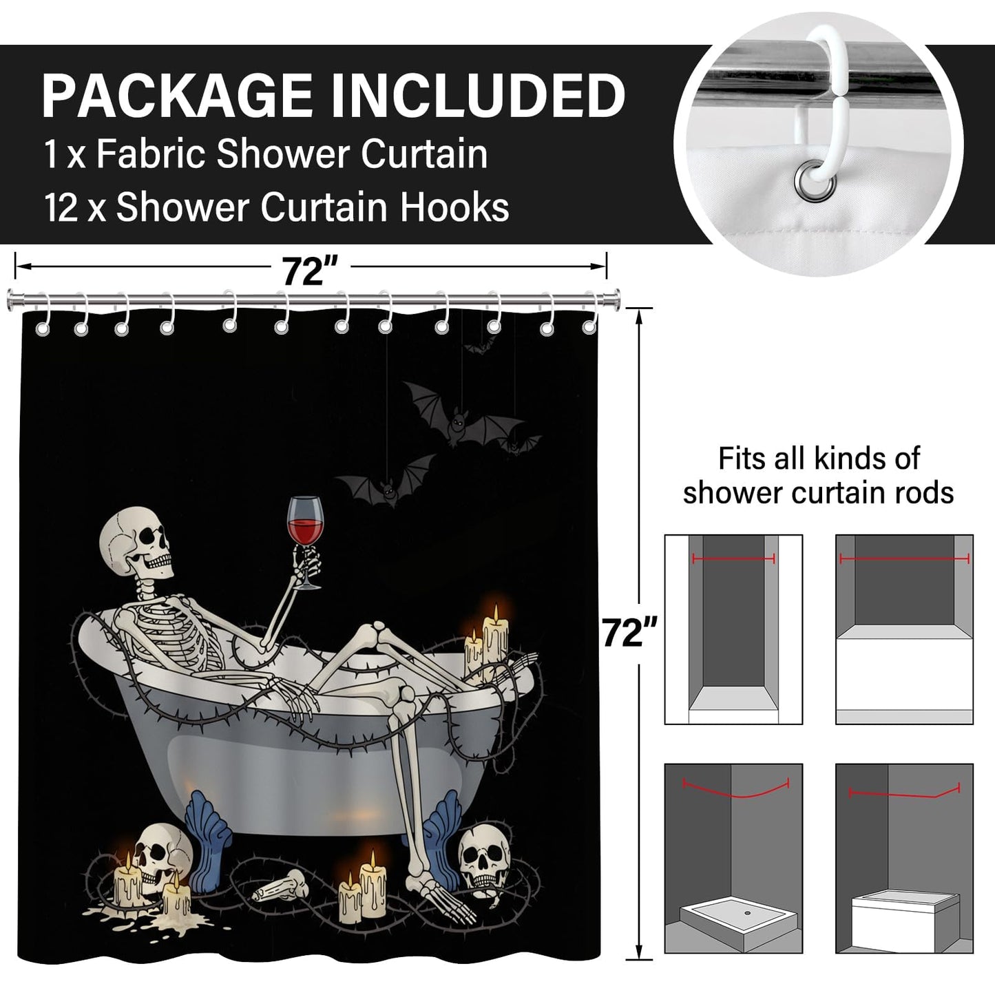 TSLOVER Gothic Black Skull Shower Curtain for Bathroom,Horror Skeleton Shower Curtains,Funny Waterproof Polyester Minimalism Skull Bathroom Decor Accessories,72x72 Inch